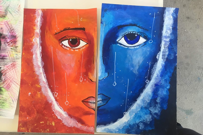 Two artworks, one orange and one blue, each featuring a large eye