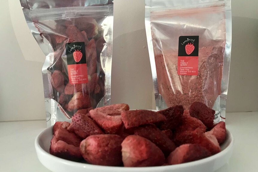 A packet of freeze dried strawberries and a packet of strawberry powder with freeze dried strawberries in the front.