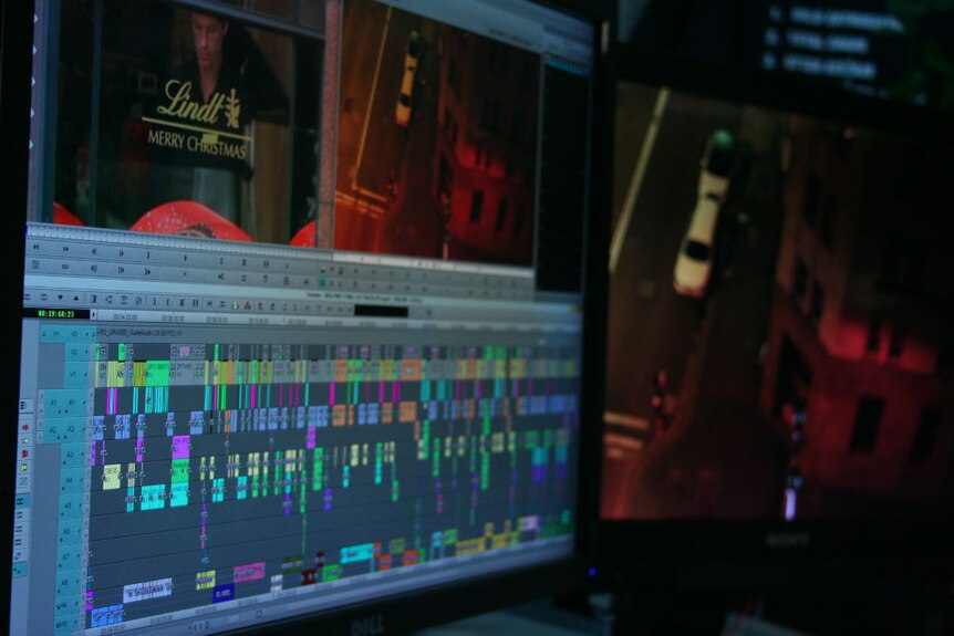 The editing timeline for The Siege programs showing multiple tracks of audio and vision.