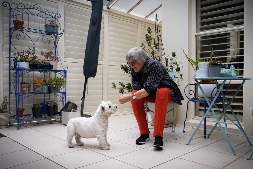 A woman sitting down outside reaches out to her small white dog.