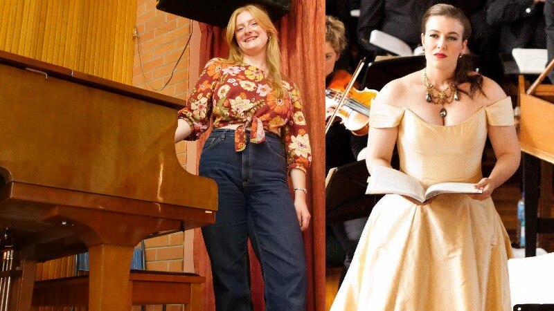 A composite image of two opera singers. One is on stage in a gown. The other is dressed casually and stands near a piano.