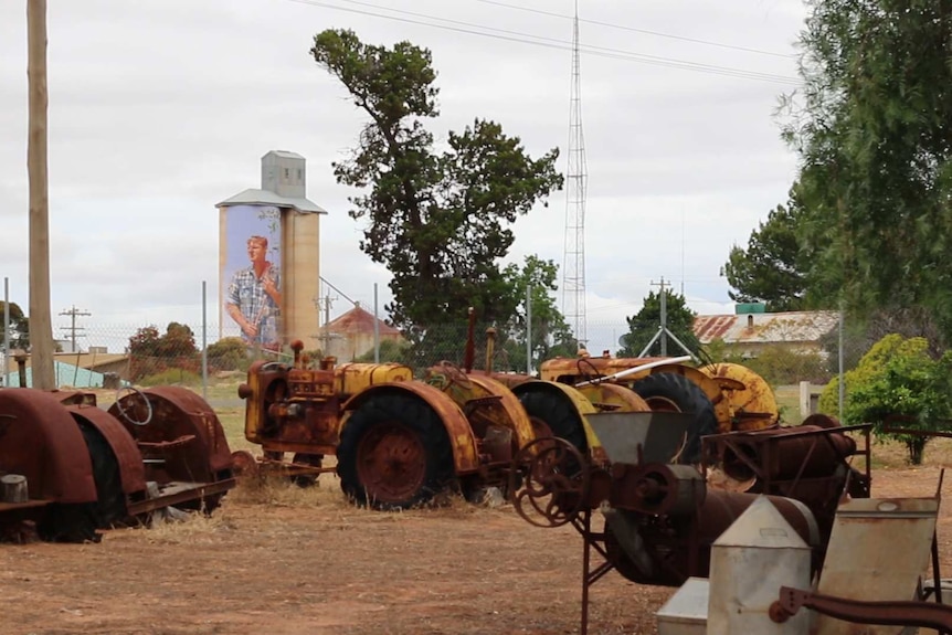 The Patchewollock silos rise about the town, including a junkyard of old tractors.