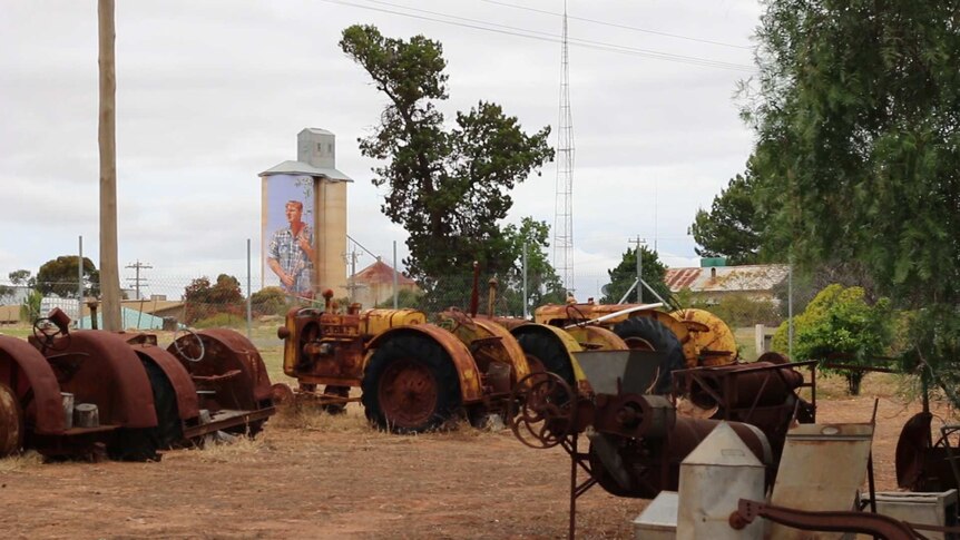 The Patchewollock silos rise about the town, including a junkyard of old tractors.