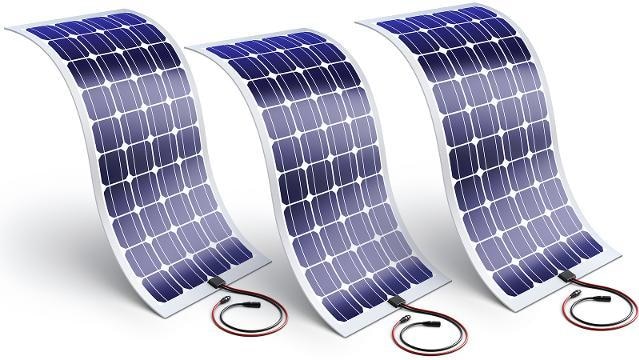 Three flexible solar panels showing how they bend