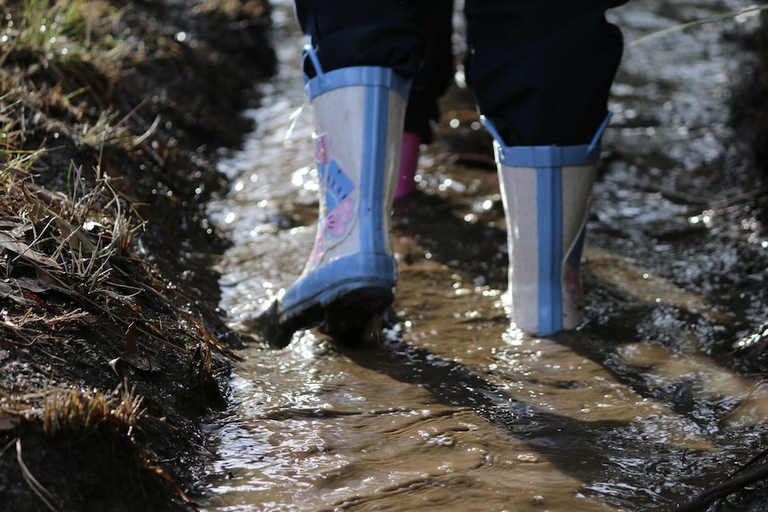 Child's gumboots walking through mud