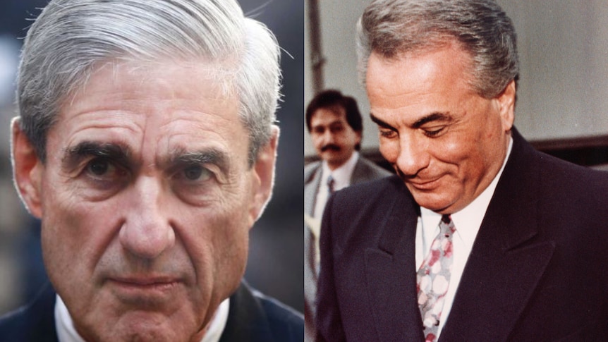 A composite picture of Robert Mueller (L) and mobster John Gotti (R).