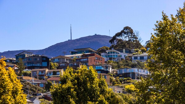 An aerial view of houses, with a mountain in the background.
