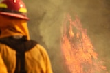 Two firefighters, in high visibility clothing, stand in the foreground of a fire.