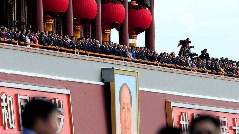 Chinese President Hu Jintao and other leaders gather on Tiananmen Gate