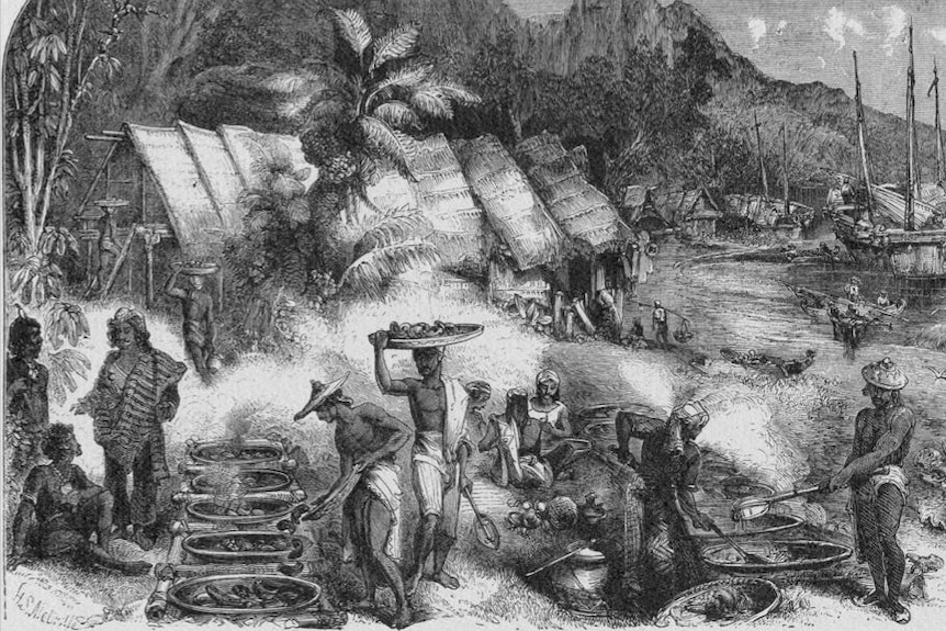 A black and white drawing of Aboriginal people mixing with Makassan traders on the shore.