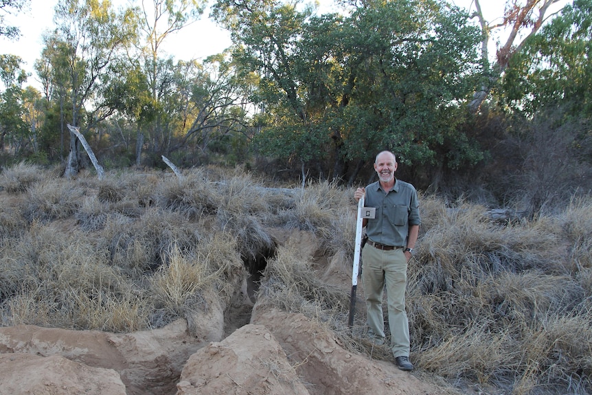 Dr Alan Horsup stands beside a clay entrance burrow into a grassy hill. 