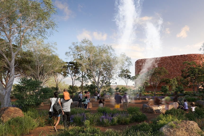 A digital artists' impression of a red tiled building surrounded by gardens where people are walking and sitting