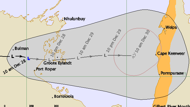 The predicted path of ex-tropical Cyclone Grant.