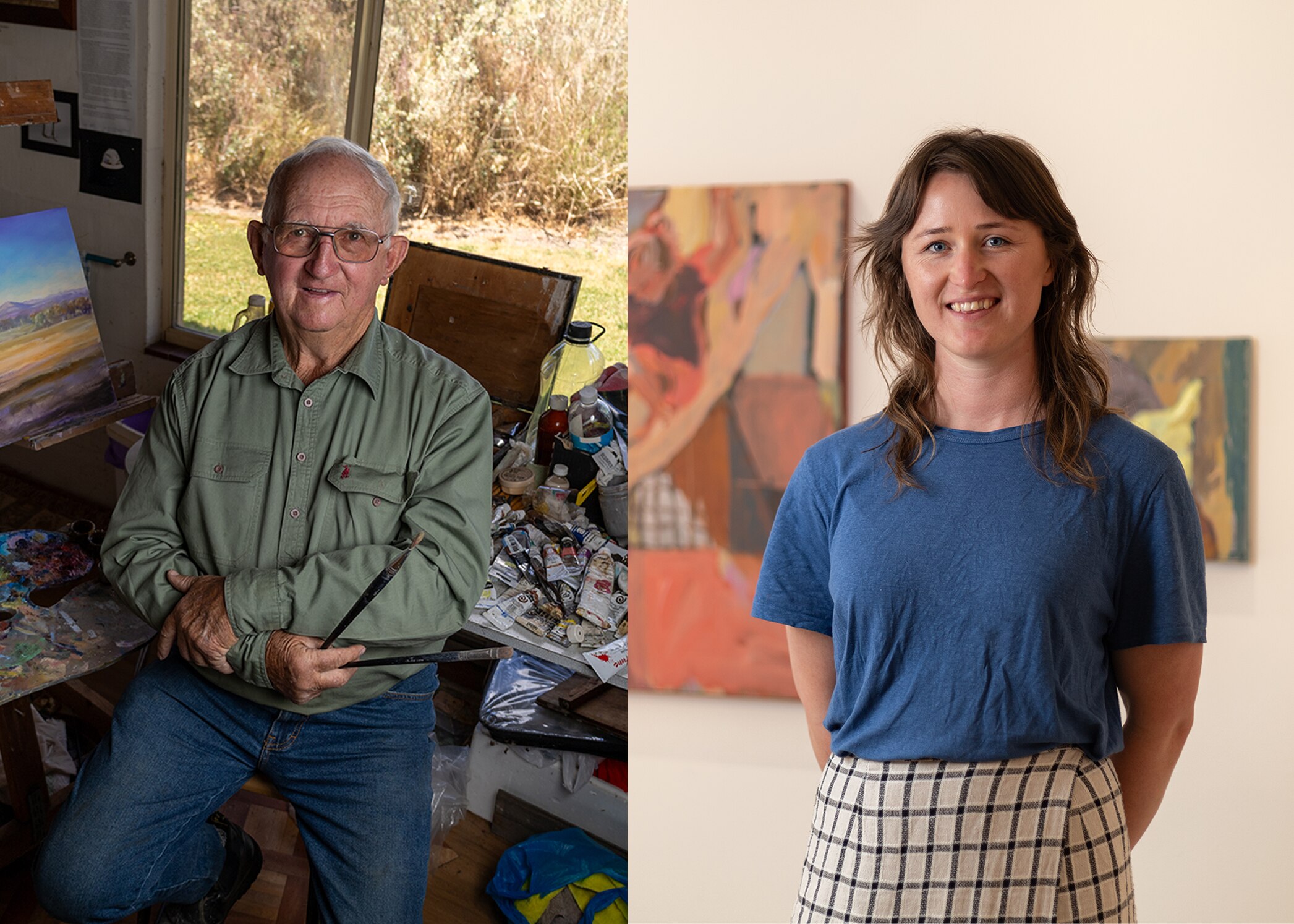 Two images side by side - on eof an olderman holding paint brushes and the other of a younger woman in an art gallery