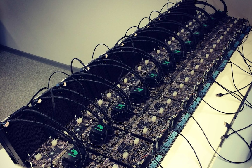 Lots of cords and circuits which are part of a Hashcoin mine.