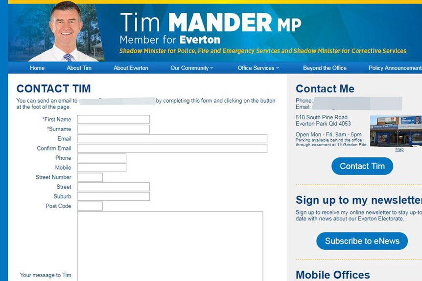 The website of Queensland MP Tim Mander