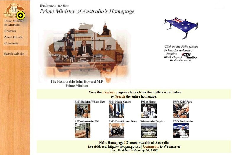 A primitive website featuring an image of John Howard the shape of Australia superimposed over it.