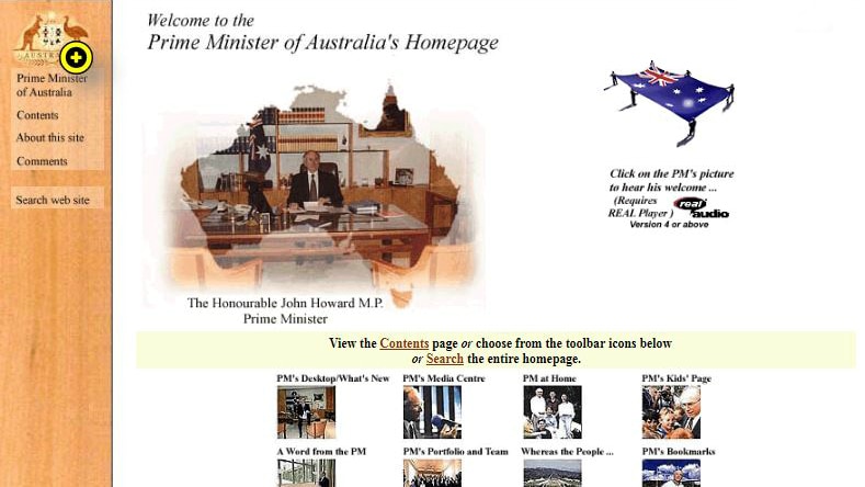 A primitive website featuring an image of John Howard the shape of Australia superimposed over it.