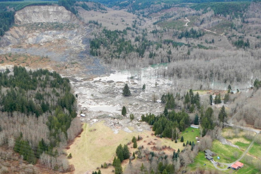The side of the hill, top left, that gave way and turned into a mudslide near the town of Oso.
