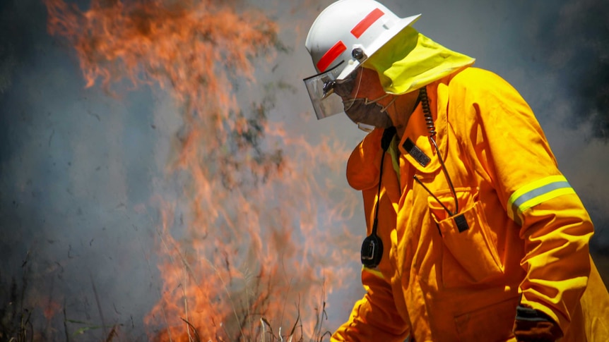 A firefighter near a blaze in Queensland