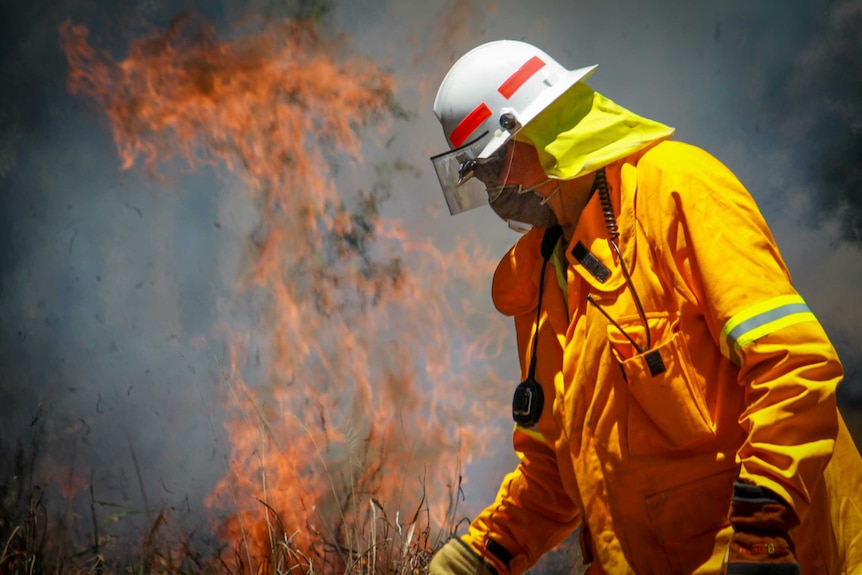 A firefighter near a blaze in Queensland