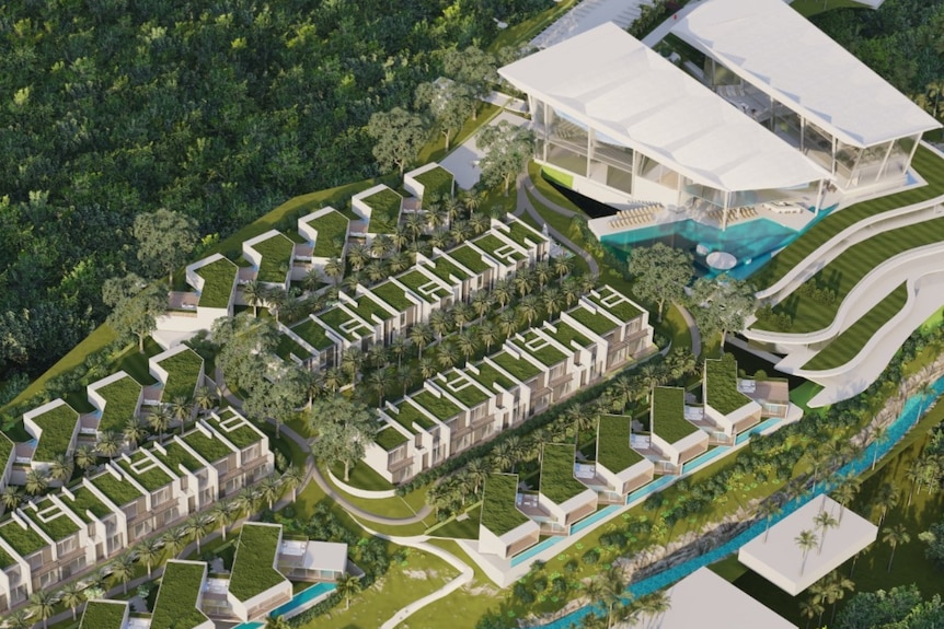 An illustration of white buildings and apartments with swimming pools surrounded by lush greenery.
