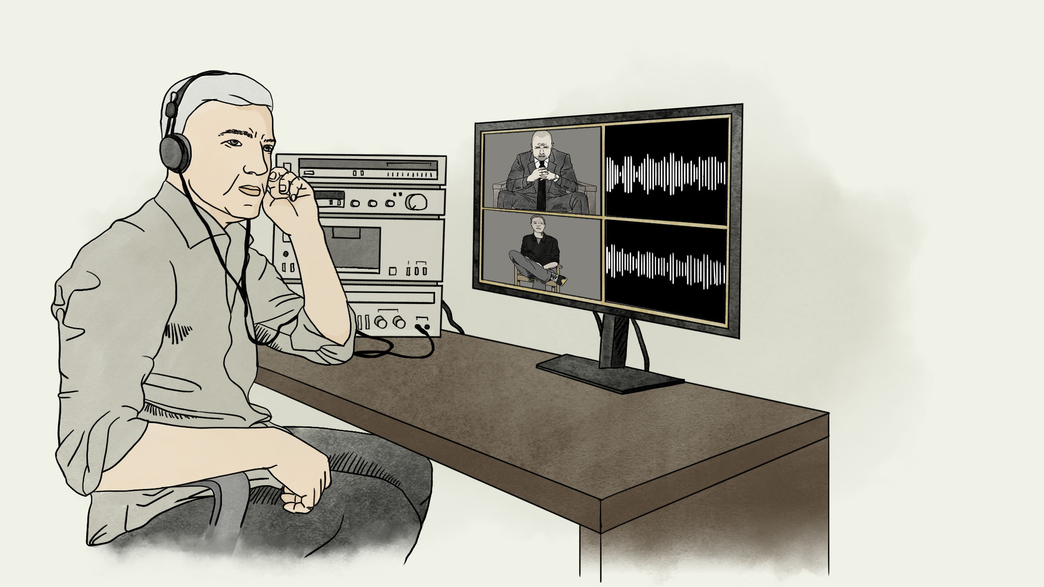 Watercolour illustration of man listening to sting operation, sitting t desk with recording device and computer..