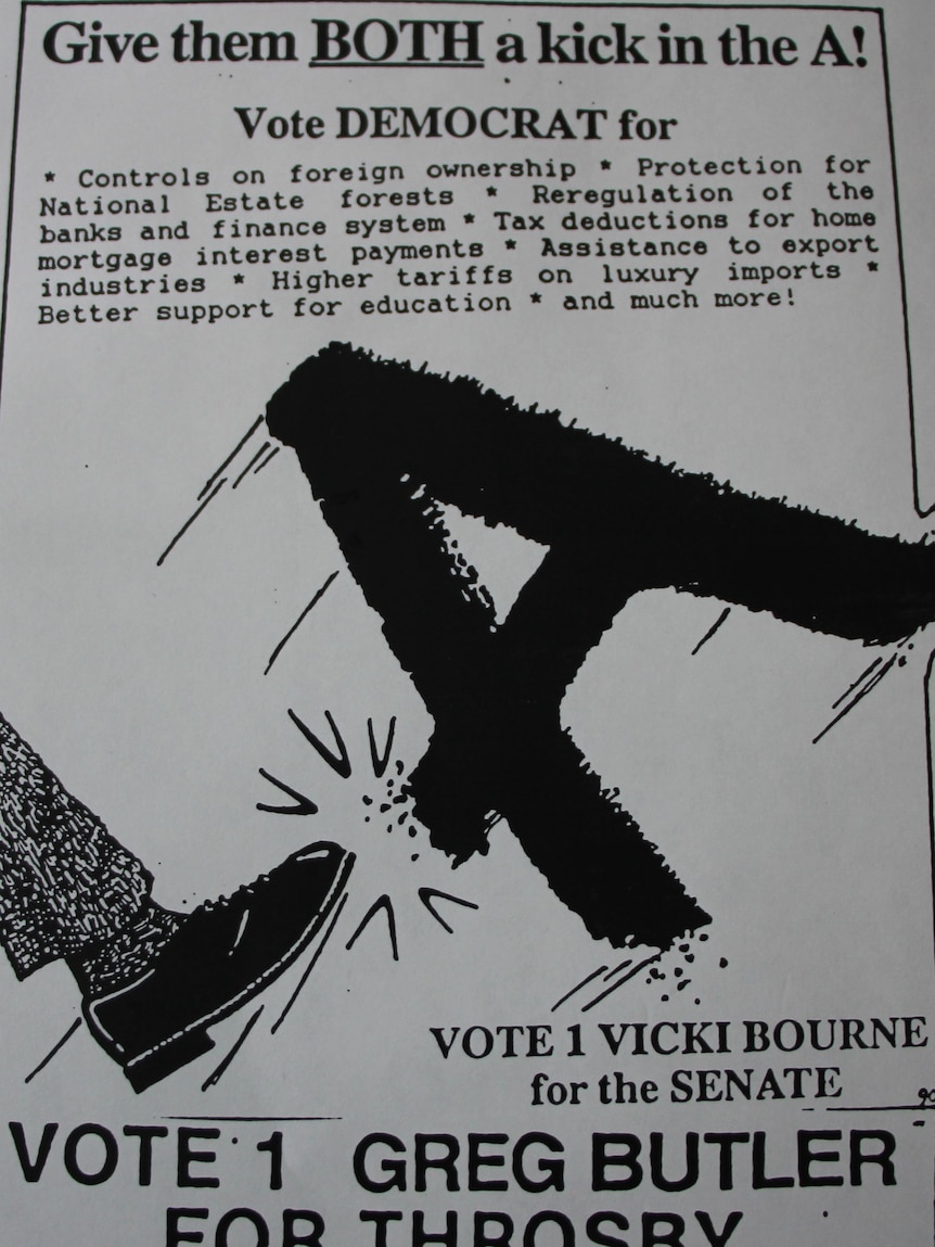The ballot paper shows a leg kicking an A, and says 'give them a kick in the ass'.