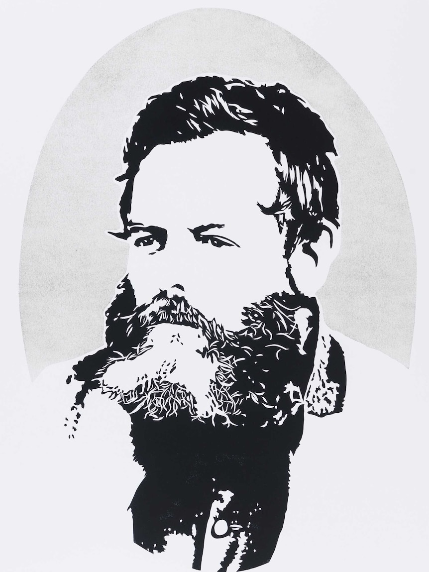 A lino-cut of bushranger Harry Power by artist Clayton Tremlett.