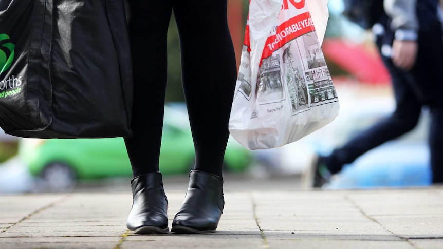 Woman holds shopping bags.