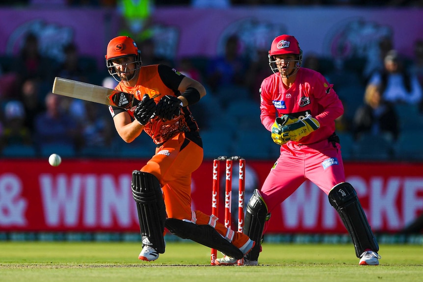 Liam Livingstone looks at the ball after playing a shot with a horizontal bat