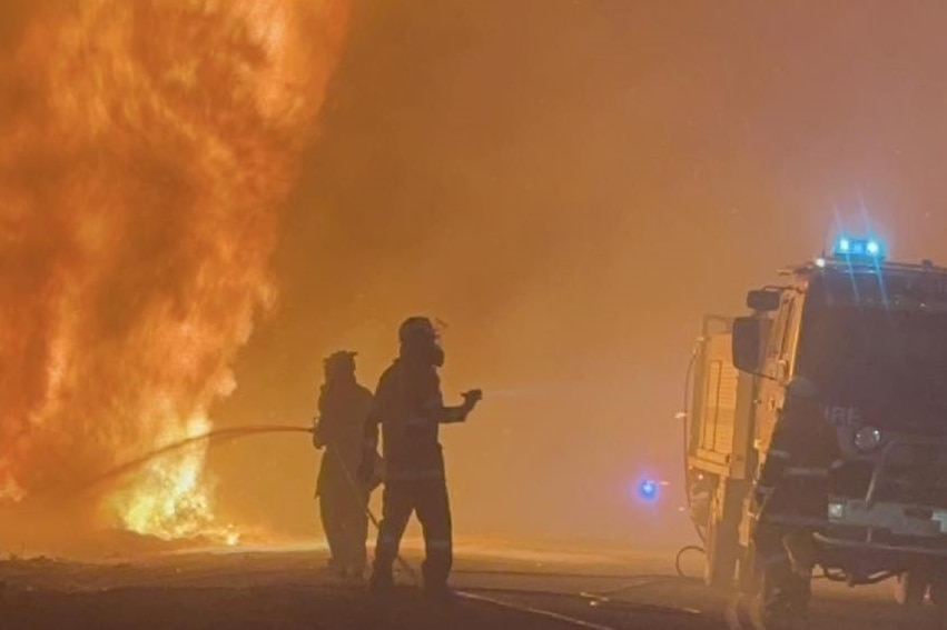 Firefighters hosing down a bushfire.