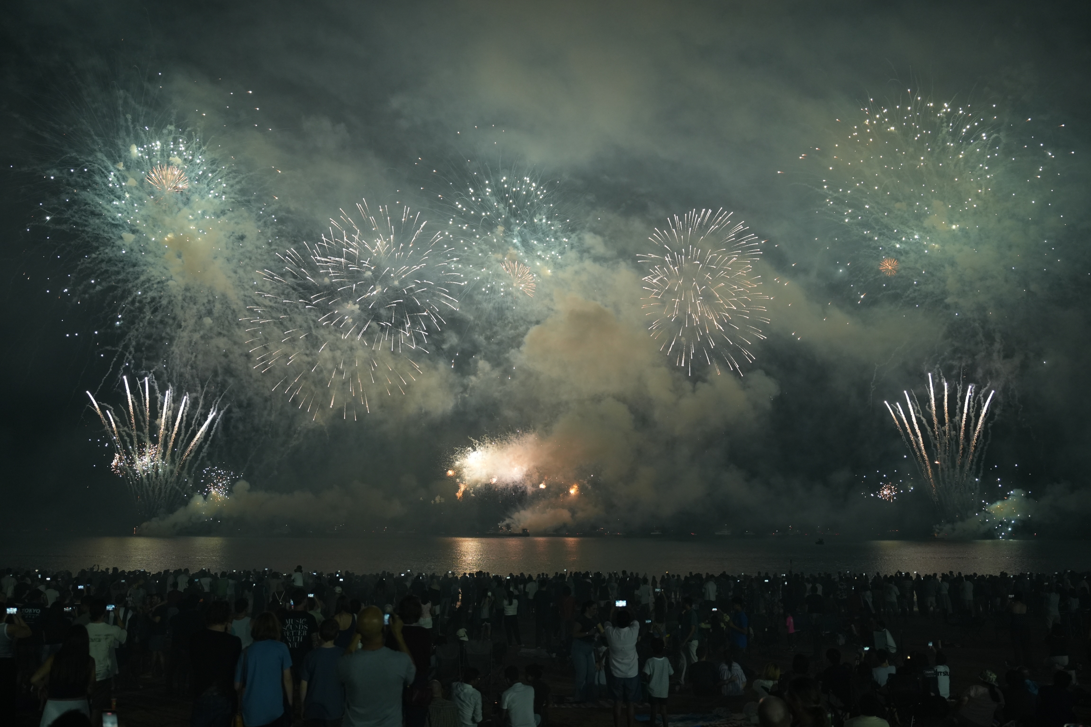 blue and pink fireworks exploding over the ocean with a crowd in the foreground