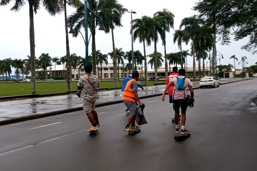 People skating along a street lined with palm trees.