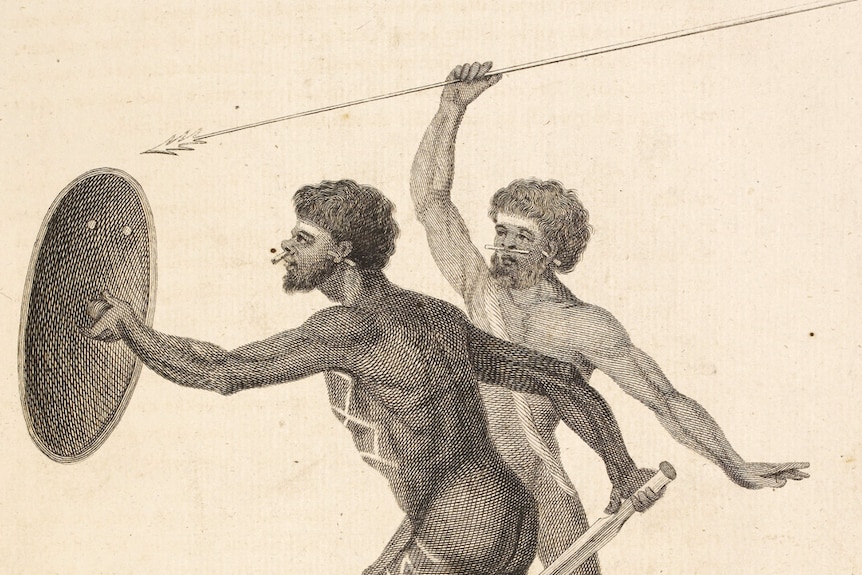 A drawing of two Aboriginal men, one holding a spear, the other a shield. They are not clothed, but have markings on their skin.