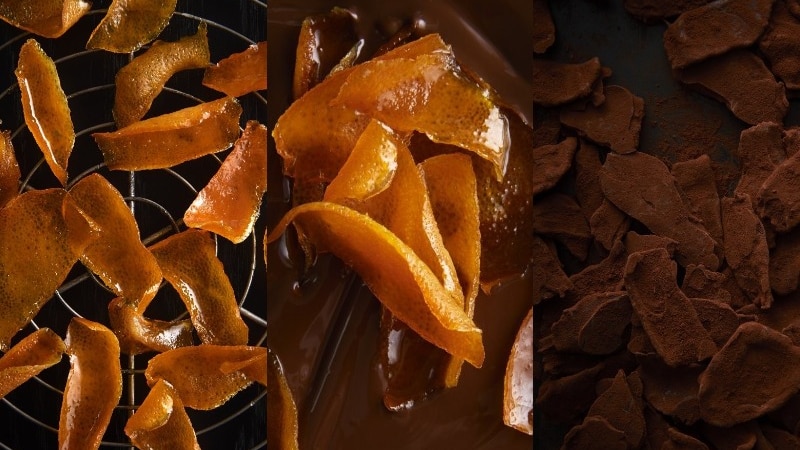 You few three images side by side showing the different stages covering orange peels in dark chocolate. 