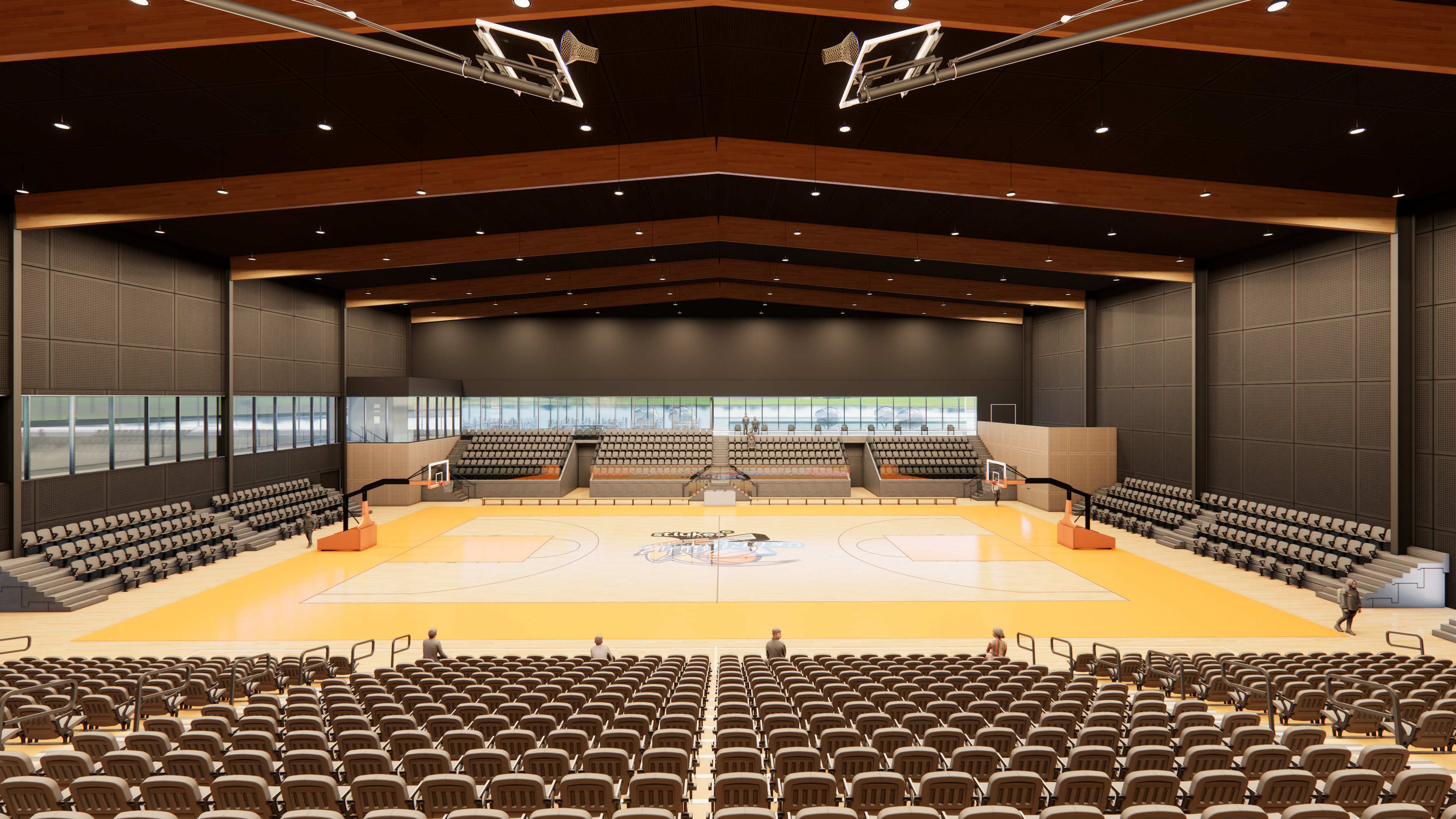 An animated concept design showing an indoor sports space with a yellow court and brown bleachers.