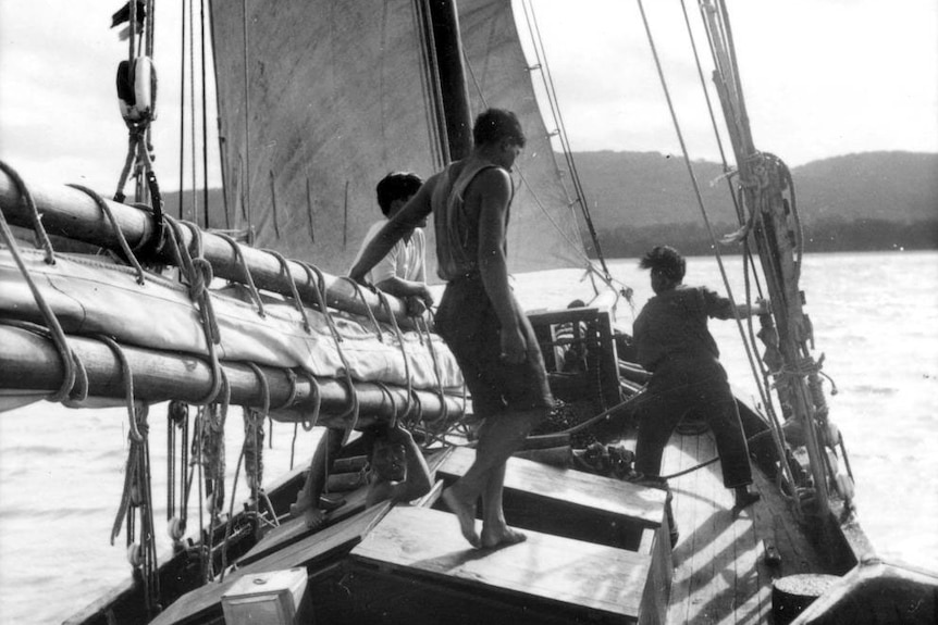 The crew of a Japanese pearling ship sail to Thursday Island.