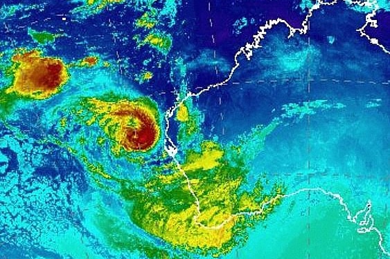 A colourful satellite image of Tropical Cyclone Seroja as it heads towards the WA coast.