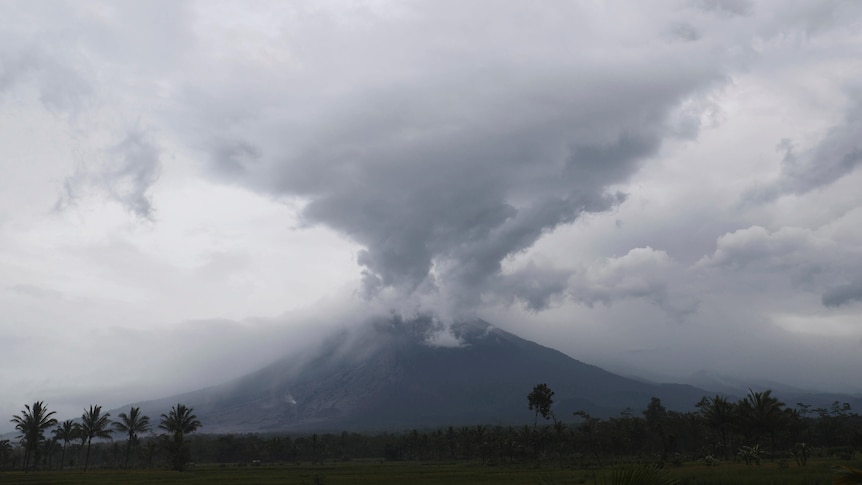 A conical volcano erupts sending thick grey smoke and material into the sky. 