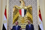 Abdel Fattah al-Sisi is seen gesturing next to Parliament speaker Ali Abdel Aal.