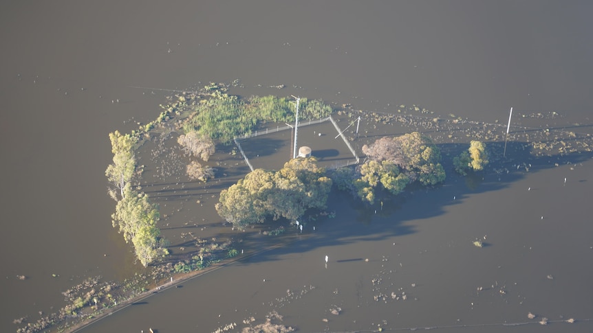 An aerial shot of a bore surrounded by floodwater.