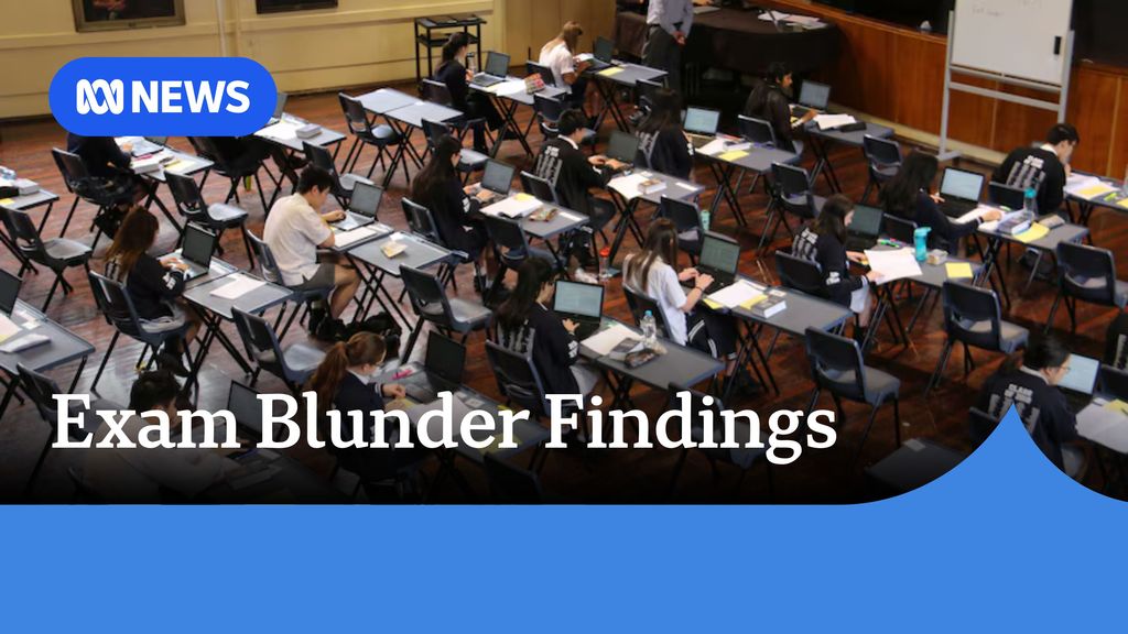 Exam Blunder Findings: An exam hall with students completing tests at desks in rows.