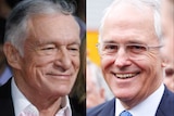 A composite image of Hugh Hefner and Malcolm Turnbull, both smiling.