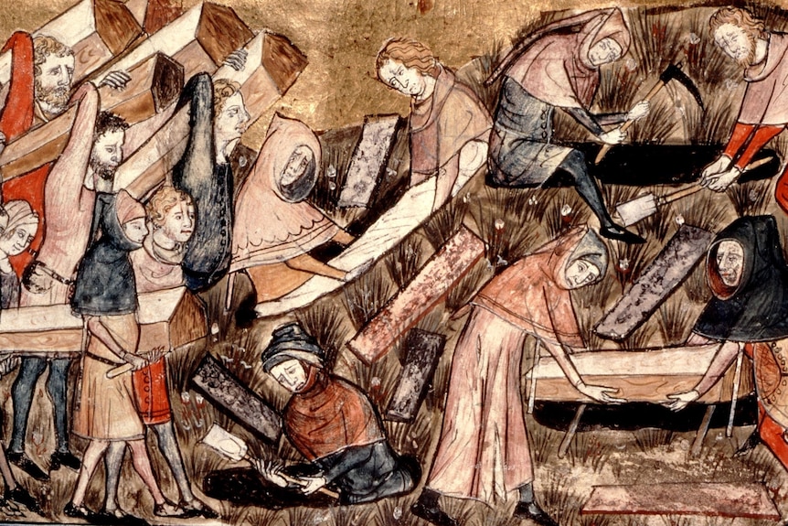 A 1300s painting of many people holding and burying coffins