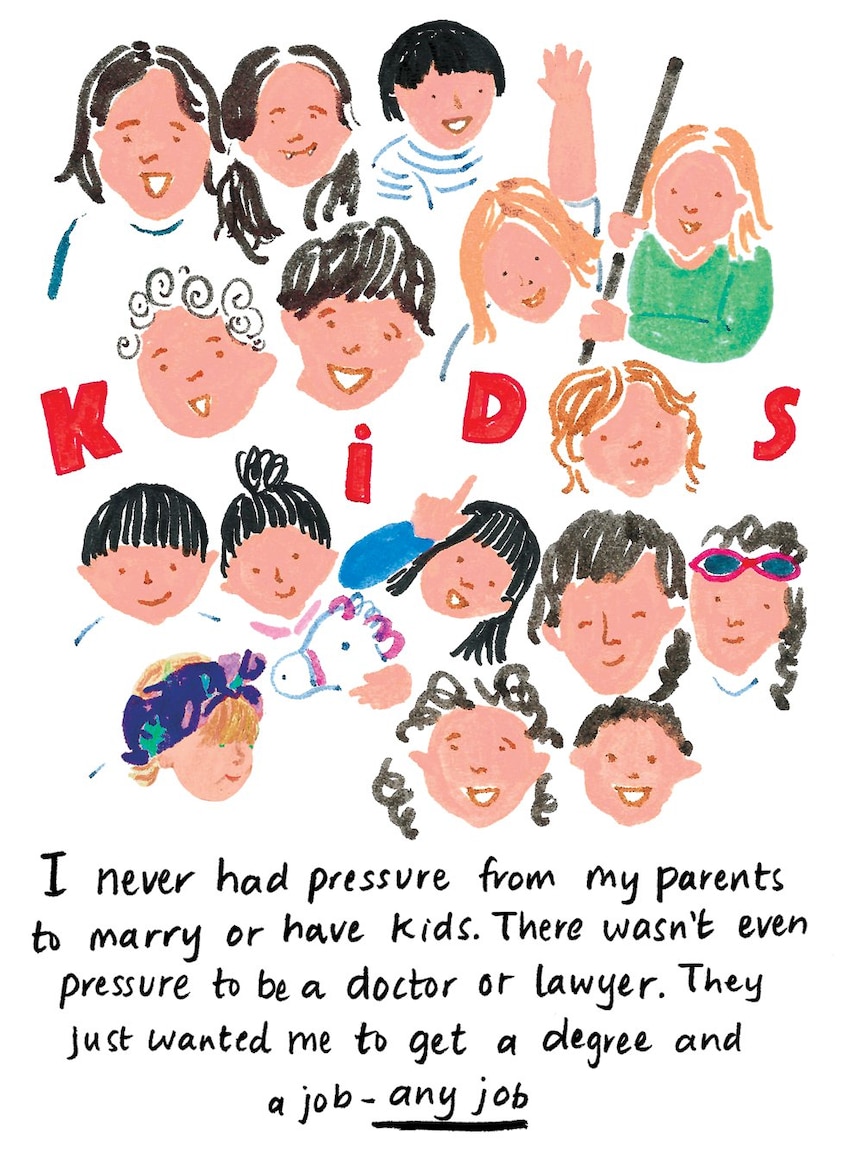 Illustrations of children's faces and K-I-D-S among them: My parents never pressured me to marry or have kids. Just to get a job