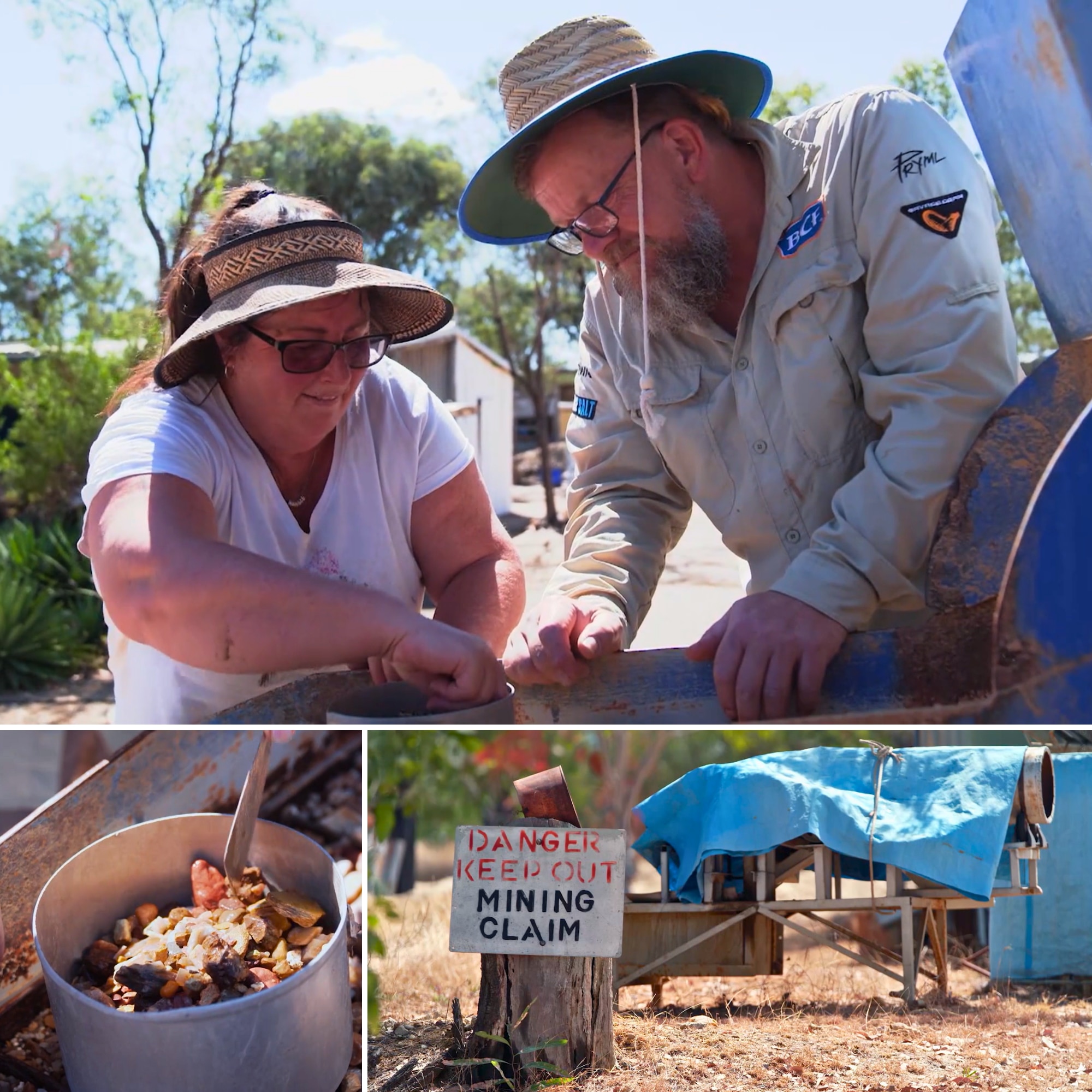 Man and woman wearing broad-brimmed hats lean over conveyor belt sifting through stones