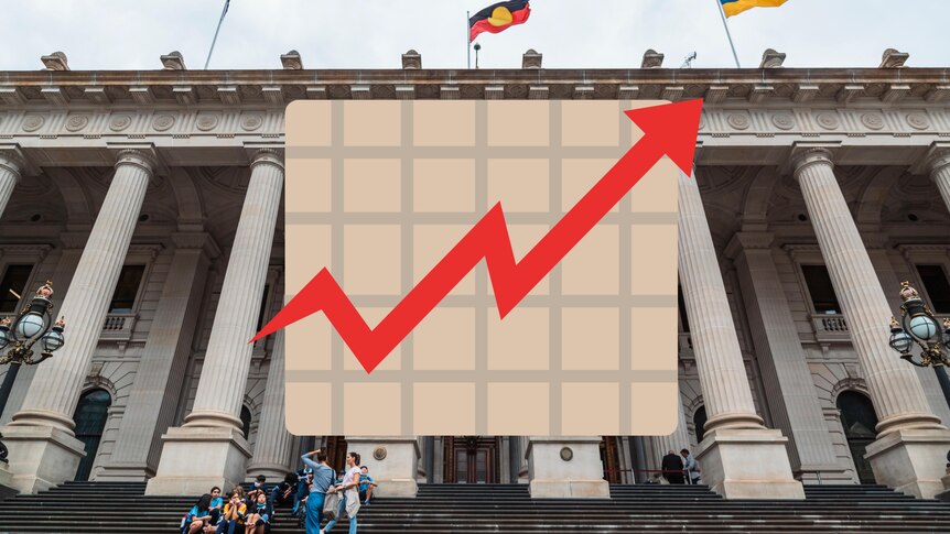 A cartoon arrow on a chart in front of Victorian parliament