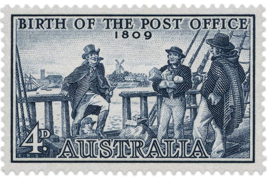 A commemorative stamp entitled "Birth of the first post office 1809" three men step onto a boat in England