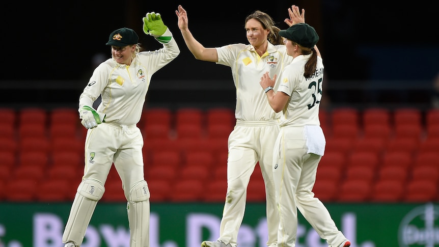 Ellyse Perry high-fives Alyssa Healy and Georgia Wareham after taking a wicket